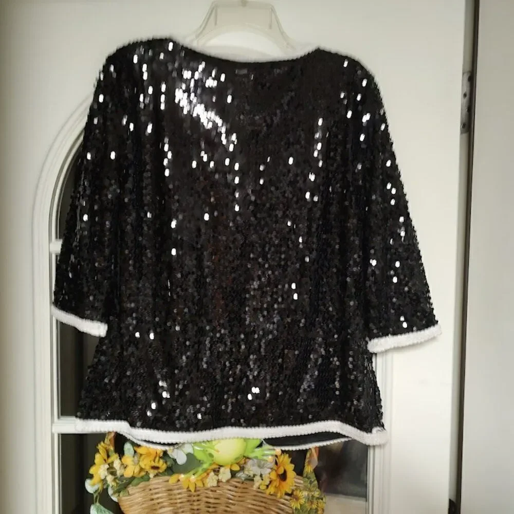 New Iman Black White Trim Sequin 3/4 Sleeve Jacket Size Women's M - Picture 3 of 3